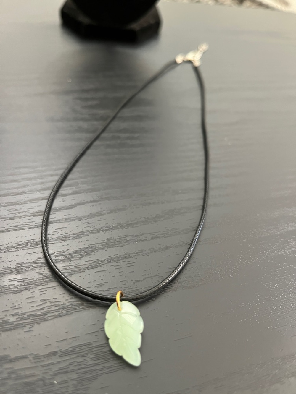 Delicate Green Leaf Pendant Necklace on Black Leather necklace